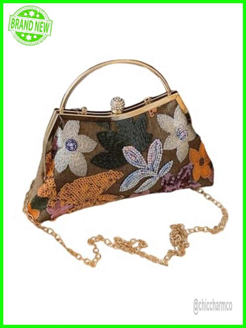 Floral Embroidery PVC Clutch Kiss Lock Top Handle Evening Bag